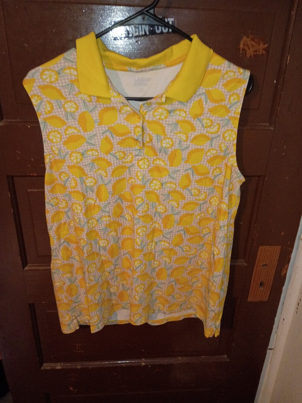 EUC Lands' End Lemon Gingham Sleevless Polo Shirt L 🍋